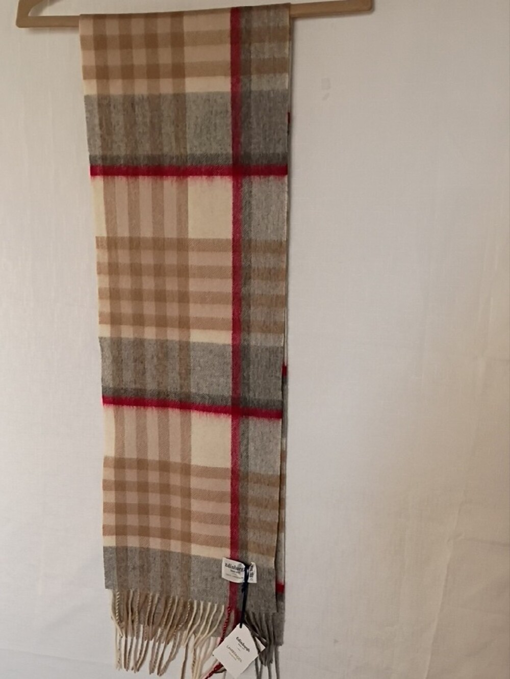Edinburgh Lambswool Plaid Fringe Scarf in Beige, Gray & Red Stripe 62 X 10 In" - Picture 3 of 7